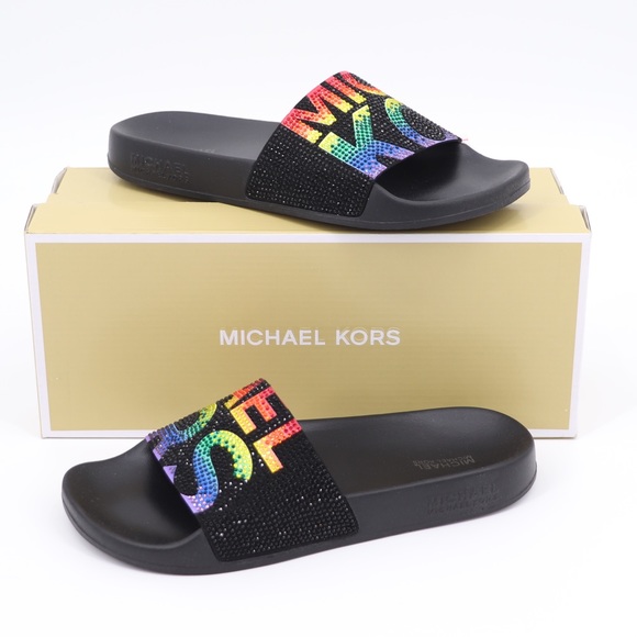 New Michael Kors 7 Gilmore Embellished Slide Sandals Black Multi - Picture 2 of 16